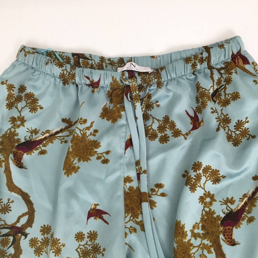 Natori Asian Print Satin Pants Blue Wide Leg Pull On Elastic Wast Women’s Size M - Picture 8 of 9